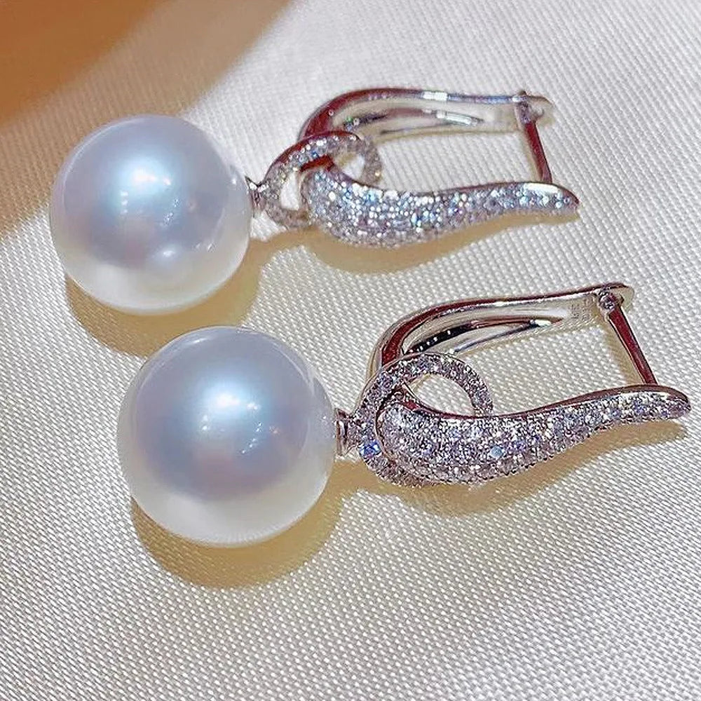 Zirconia Silver-Plated Women's Elegant Large Pearl Earrings Pendant Jewelry