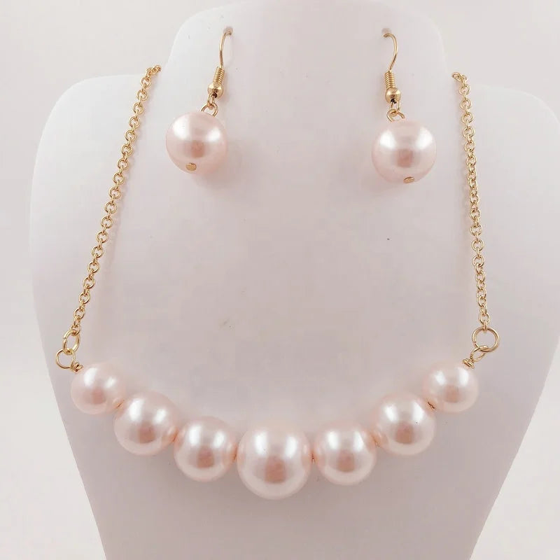 JX184 Pearl Jewelry Set Stud Earrings Bean Necklace with 10mm -14mm Shell Pearls 15 Colors Available Ready to Ship