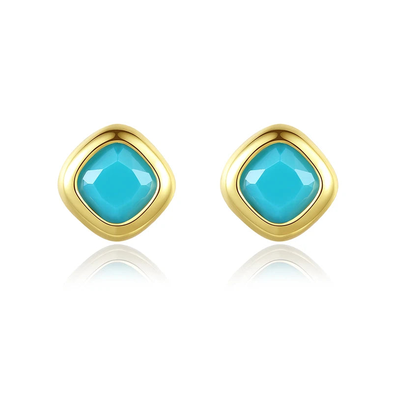 CZCITY Clear Sky Blue Pink Color Single CZ Stone Small Square Crystal Gemstone Earring Real Gold Plated Daily Date for Women