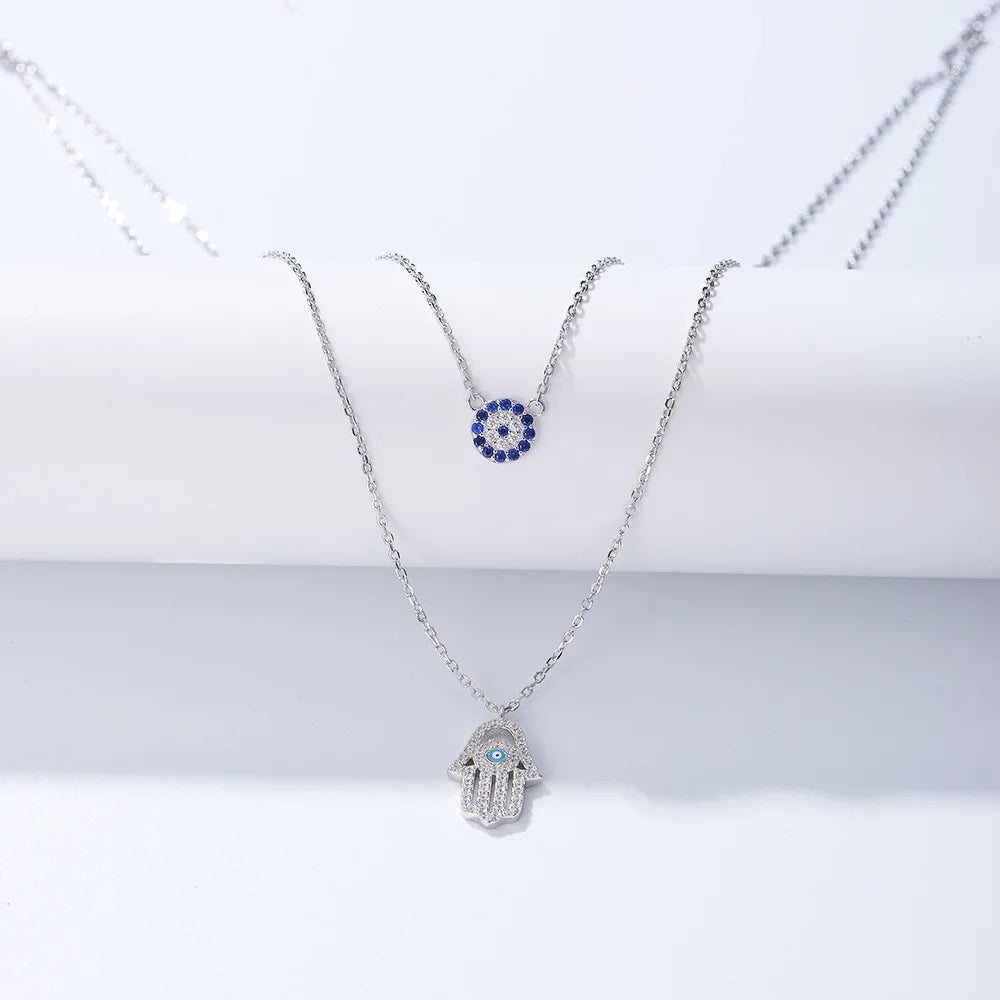 Hamsa Hand Charm E Vil Eye Pendant Double Layer Necklace Chocker Necklace Silver 925 Necklace Fashion Jewelry