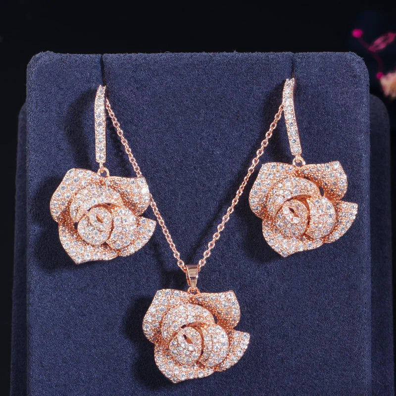 Fashion Brand Geometric Flower Design Cubic Zircon Women Rose Gold Color Earrings Big Pendant Necklace Jewelry Sets for Girls