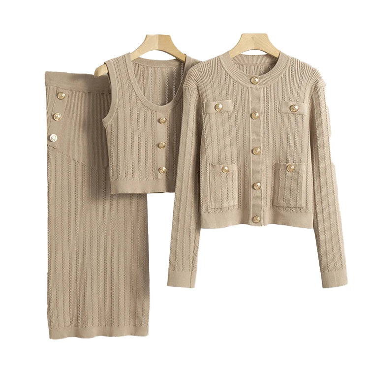 Spring Autumn Solid Color Button Knit Set Elegant Knit Sweater and Sleeveless Vest and Skirt Set Knit Three Piece Set for Women