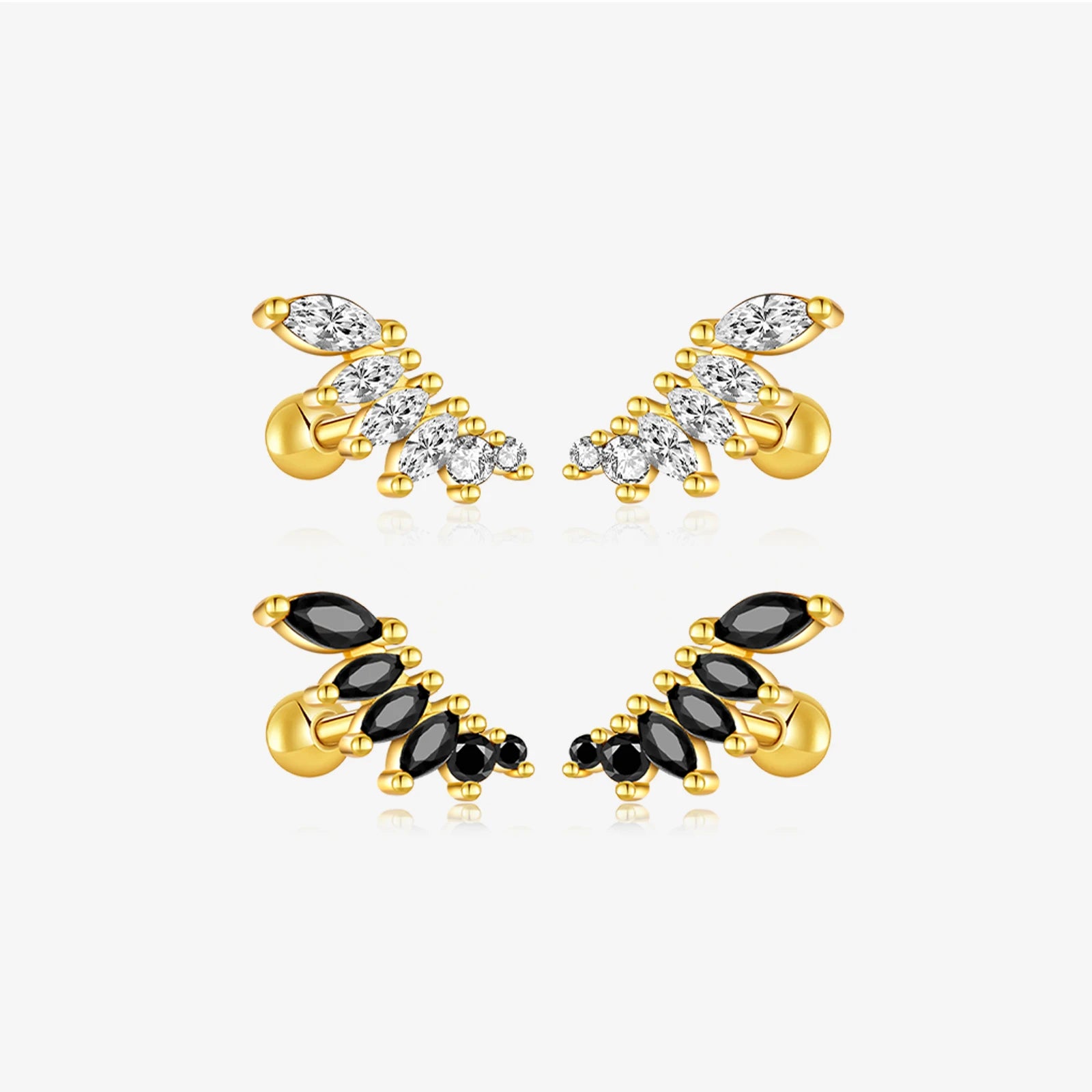 FUAMAY 925 Solid Silver Curved Leaf Stud Earrings with Oval Stone Gold Plated Cartilage Piercing Screw Back Earrings
