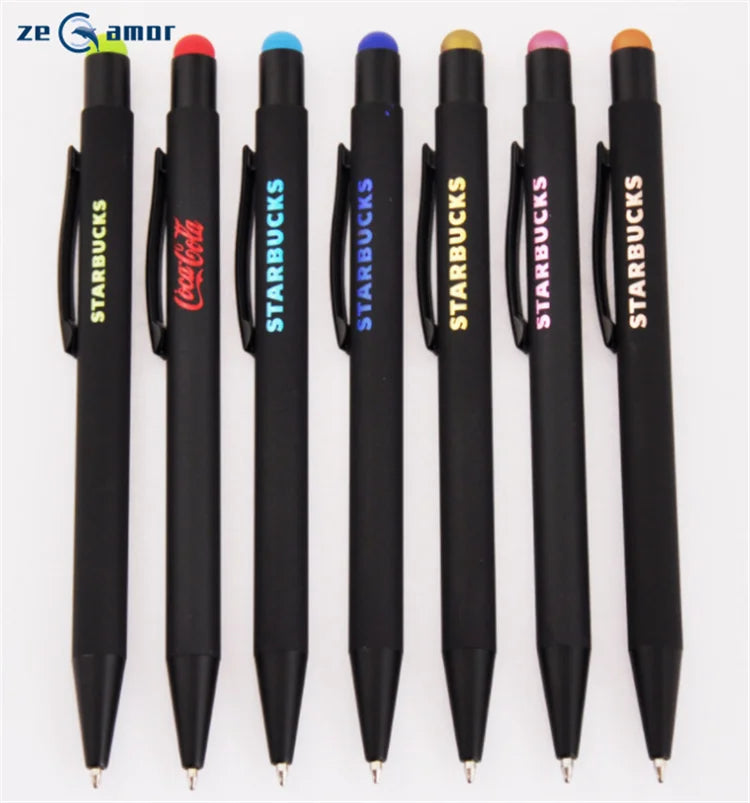Zeamor Pluma Aguja Promotional Soft Rubber Coated Aluminum Plunge Action Ballpoint Black Logo Custom Metal Stylus Pen