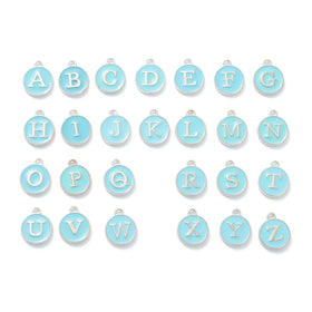 Pandahall 150Pcs Sky Blue Flat Round with Letter Platinum Plated Alloy Enamel Charms