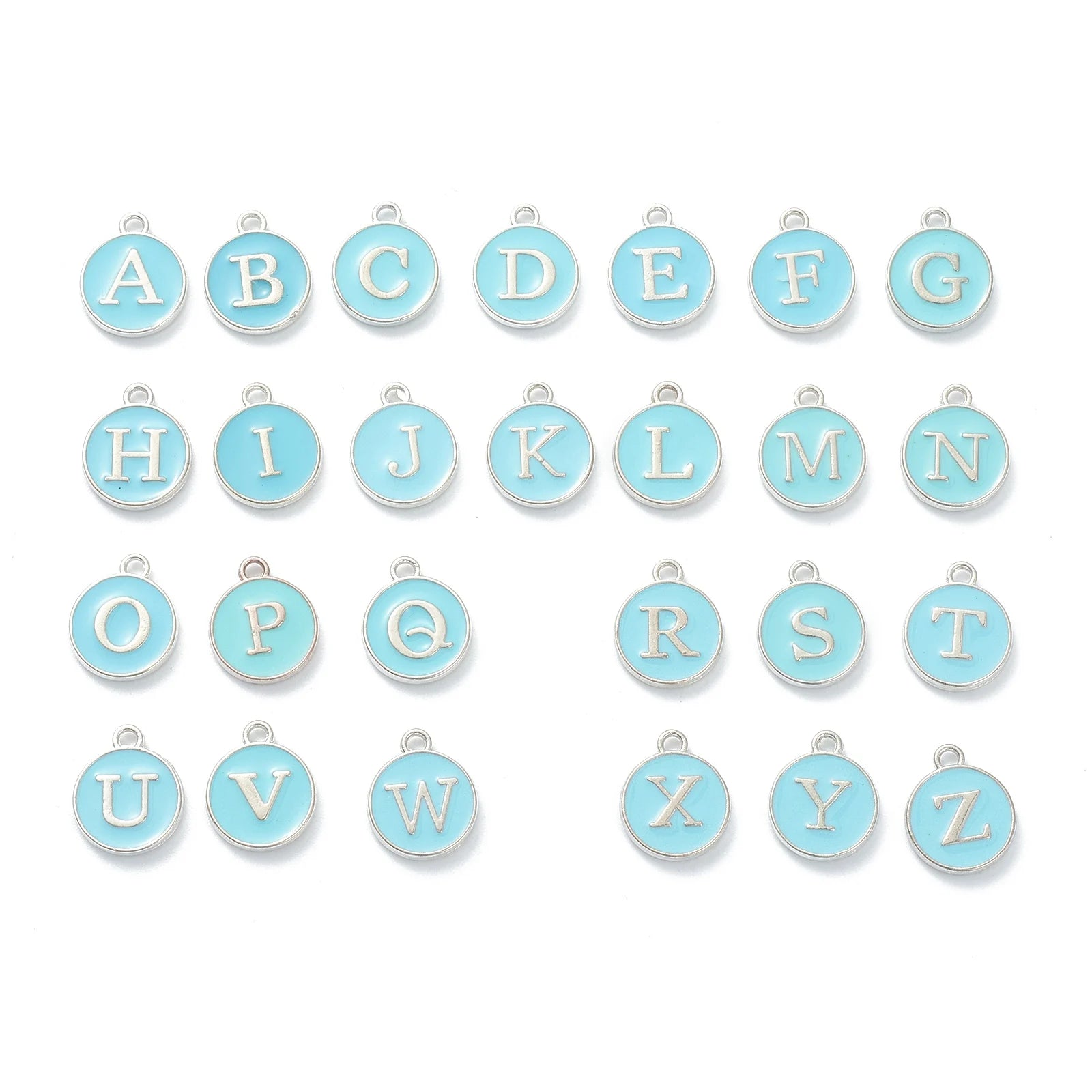 Pandahall 150Pcs Sky Blue Flat Round with Letter Platinum Plated Alloy Enamel Charms
