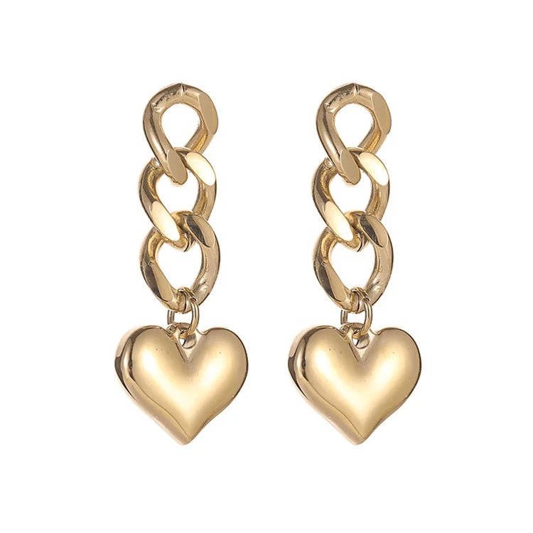 New Arrival Gold Plated Stainless Steel Earrings Long Chain Heart Pendant Drop Earrings