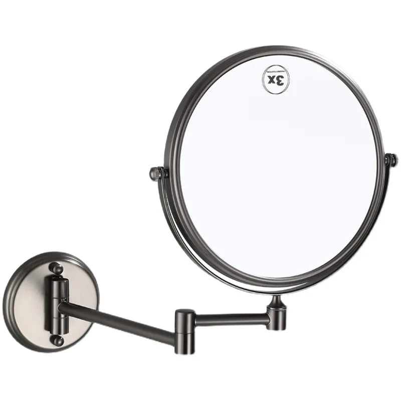 Modern Round Brass Gun Grey Shaving Mirror with Dual Arm Extend and Magnifying Feature Folding Wall Mounted