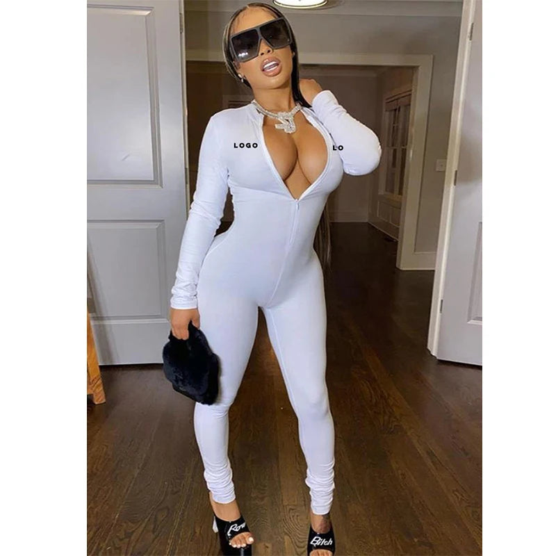 F230006 Custom Logo V Neck Women Zipper Bodycon Workout Gym Bodysuit Ladies One Piece Long Sleeve Legging Sport Jumpsuit