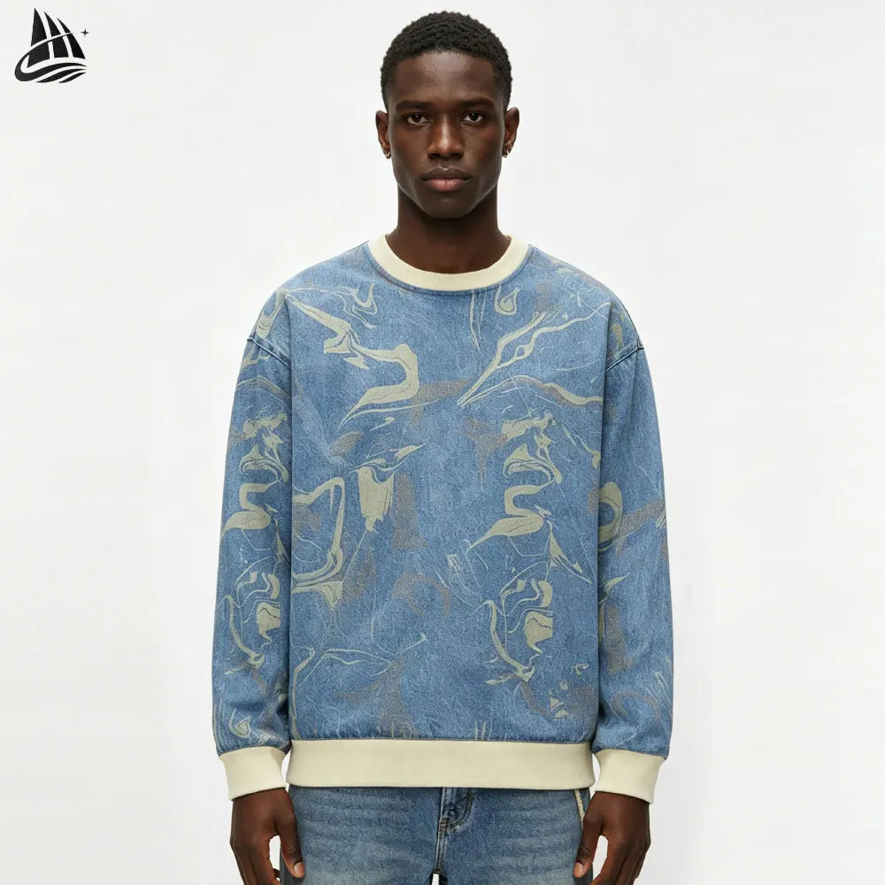 Custom Full Printed Denim Baggy Oversized Washed Sweatshirt for Men