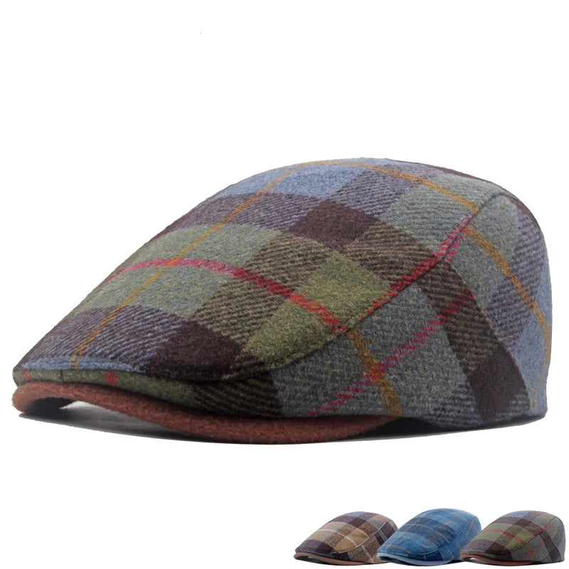 Autumn Winter Men Blend Ivy Hats Warm Painter English Plaid Cabby Plaid Duckbill Flat Blank Ivy Cap Hat