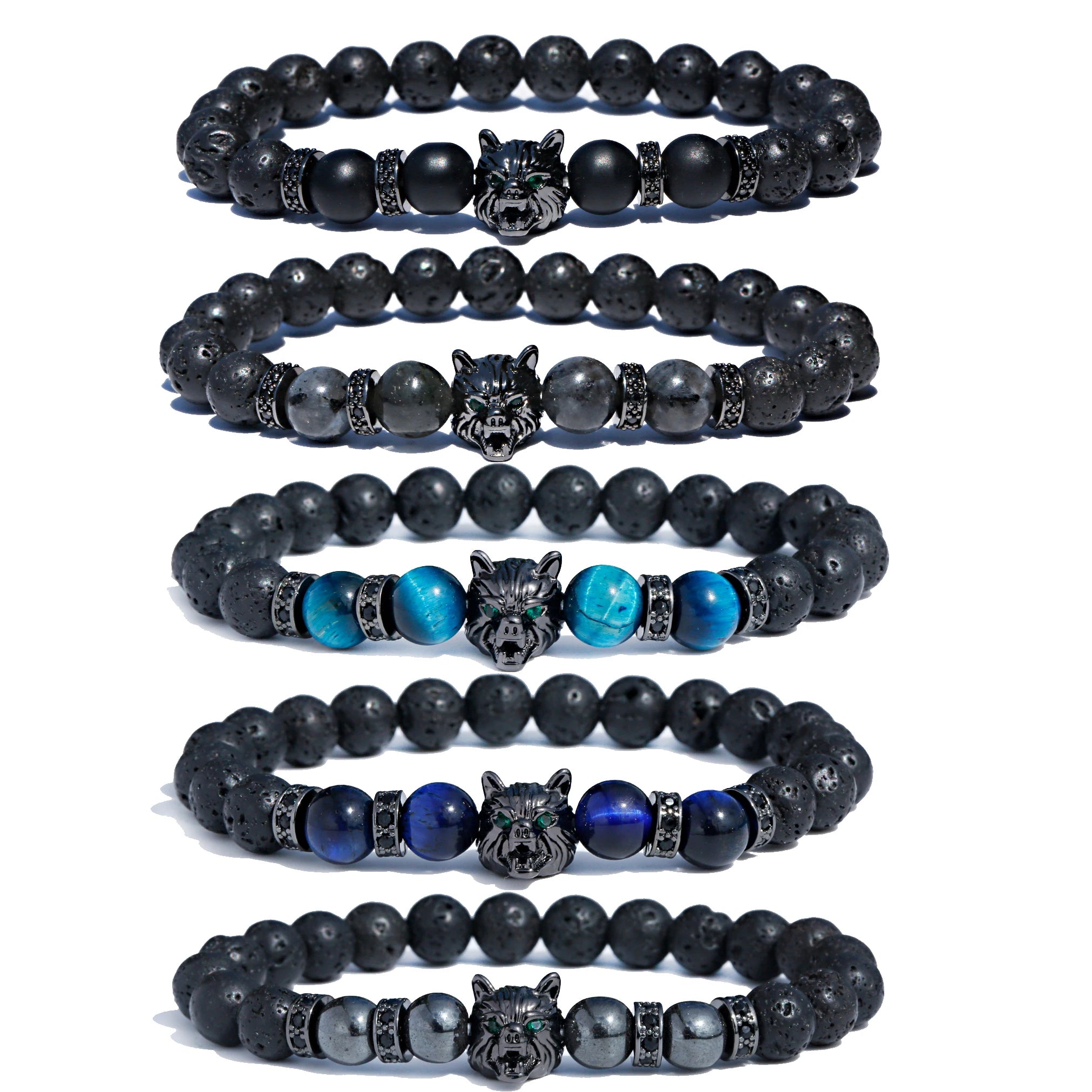 Douvei Children's High-grade Wolf Charm Bracelet Triple Meaning Stone Lava Bead Oil Diffuser Turquoise Tiger Eye Wolf Fashion