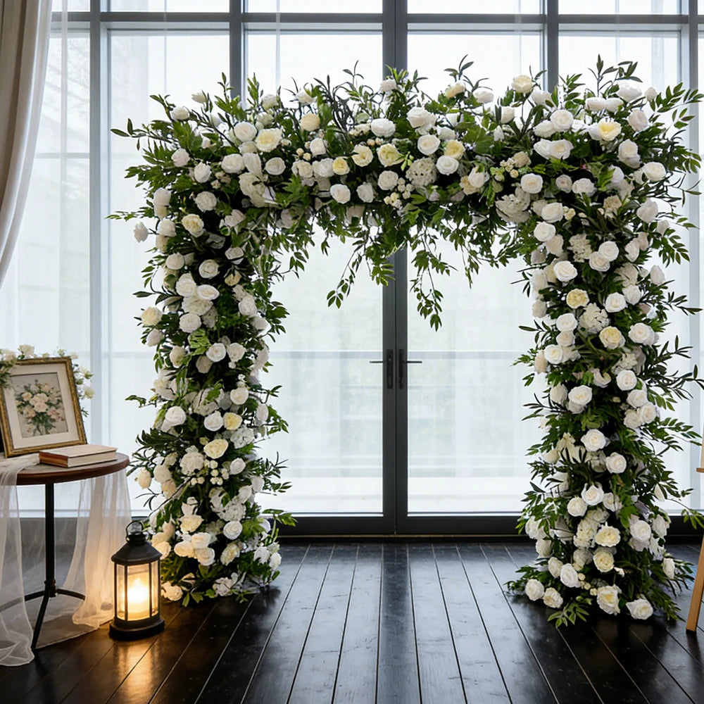 GNW 2026 Artificial Wedding Arch Real Touch 5D Silk White Roses Greenery Decorative square Arch Arrangement for Wedding Events