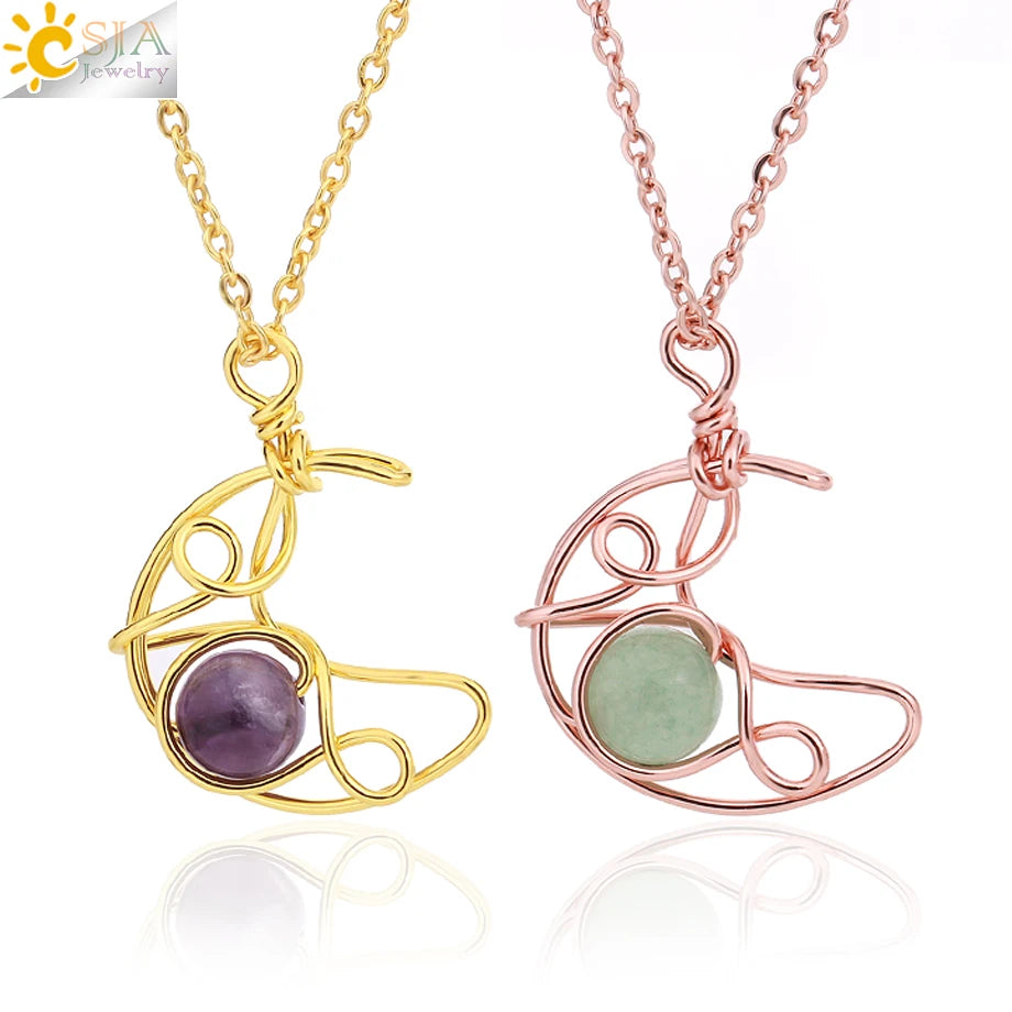 CSJA Wholesale Handmade Copper Wire Wrapped Natural Stone Round Bead Gemstone Crystal Crescent Moon Necklace Jewelry Women H170