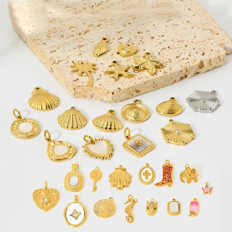 New Design Stainless Steel Gold Plated Beach Jewelry Making Charms Non-Tarnish Sea Shell Seahorse Starfish Fish Pendants Charms