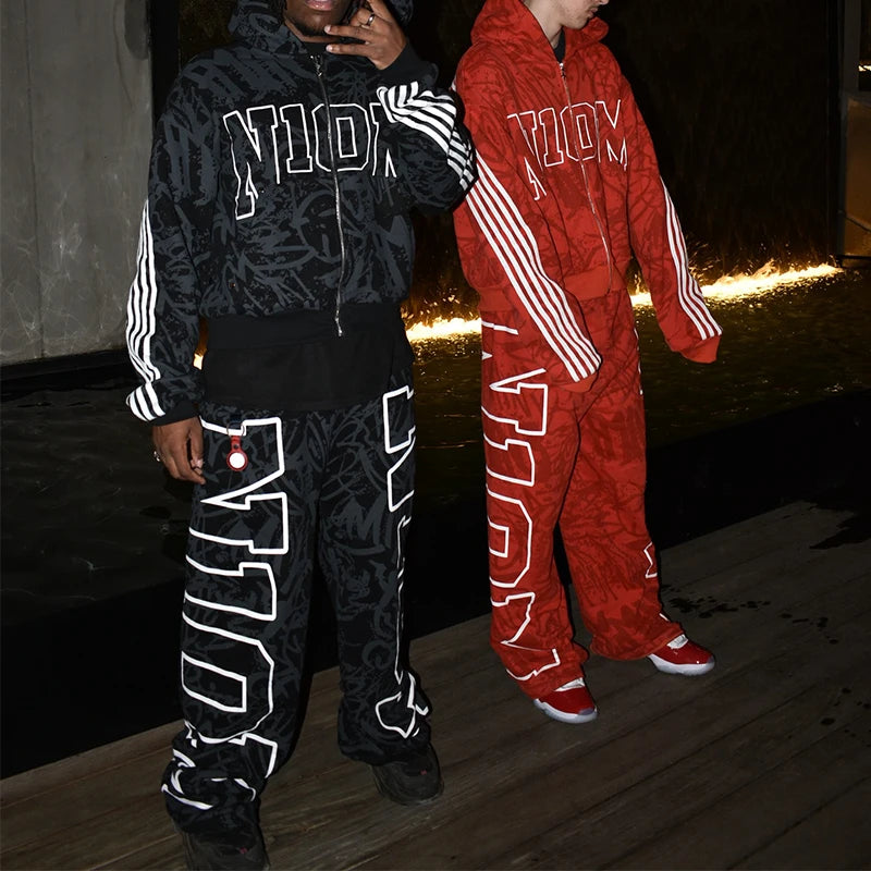 OEM Streetwear Custom Full Screen Print Letter Logo Zip up Hoodies Stacked Straight Bagyy Oversized Hoodie and Sweatpants Set