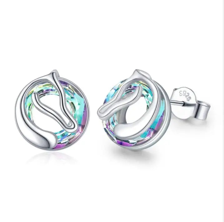 Crystal Animal 925 Sterling Silver Horse Stud Earrings Jewelry Women Lucky Equestrian
