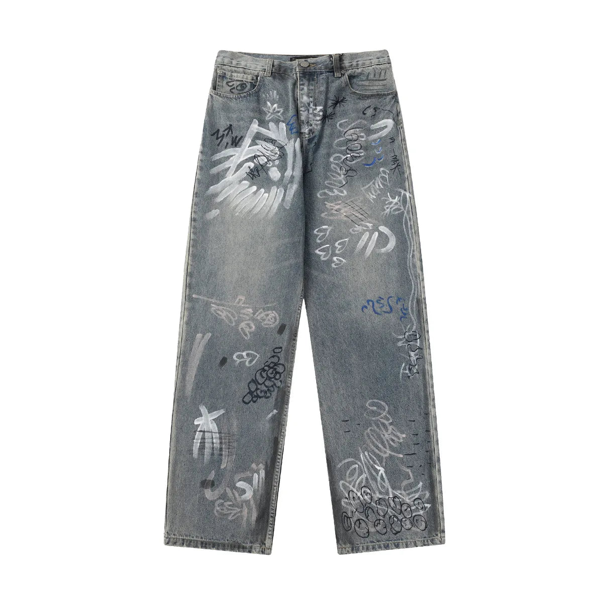 Fashion Streetstyle Painting Straight Baggy Wide Leg Quality Wash Designer Jeans
