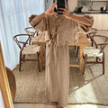 Enyami Bohemian Feminine Sweety Holiday Cotton Lace-up Design Puff Sleeve Blouse Maxi Skirts Cozy Fit Two Piece Co Ord Set