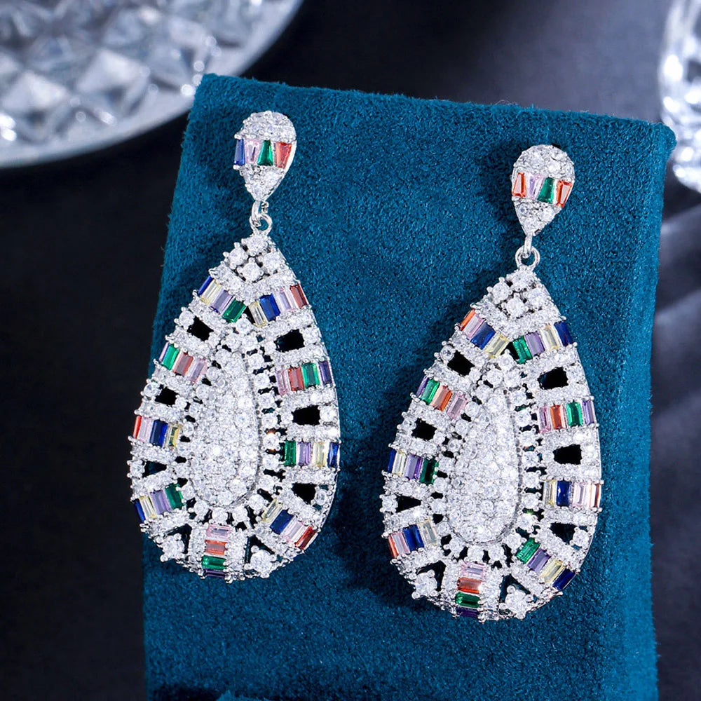 Sparkly Colorful Cubic Zircon Crystal Micro Pave Dangly Drop Chunky Long Luxury Women Party Earrings for Wedding Bride Accessory