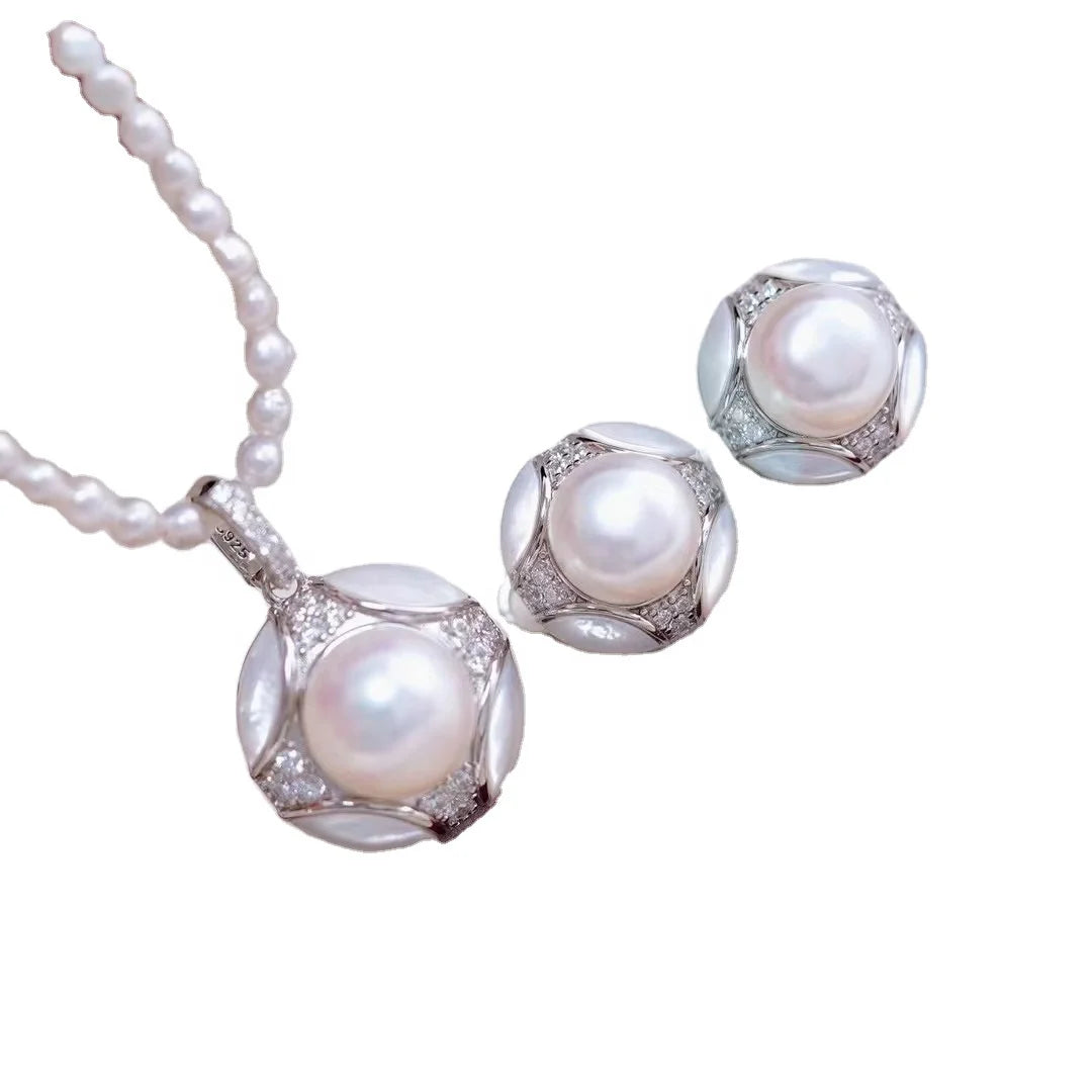 JW124 9-10mm  DIY Natural Real Freshwater Pearl Set Charm  Accessories 925 Sterling Silver  Gold Plated Jewelry Set for Women