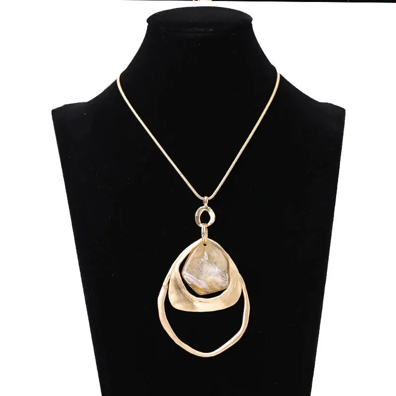 Layered Brushed Gold Plate Metal Geometry Pendant Long Chain Resin Sweater Water Drop Necklaces for Women