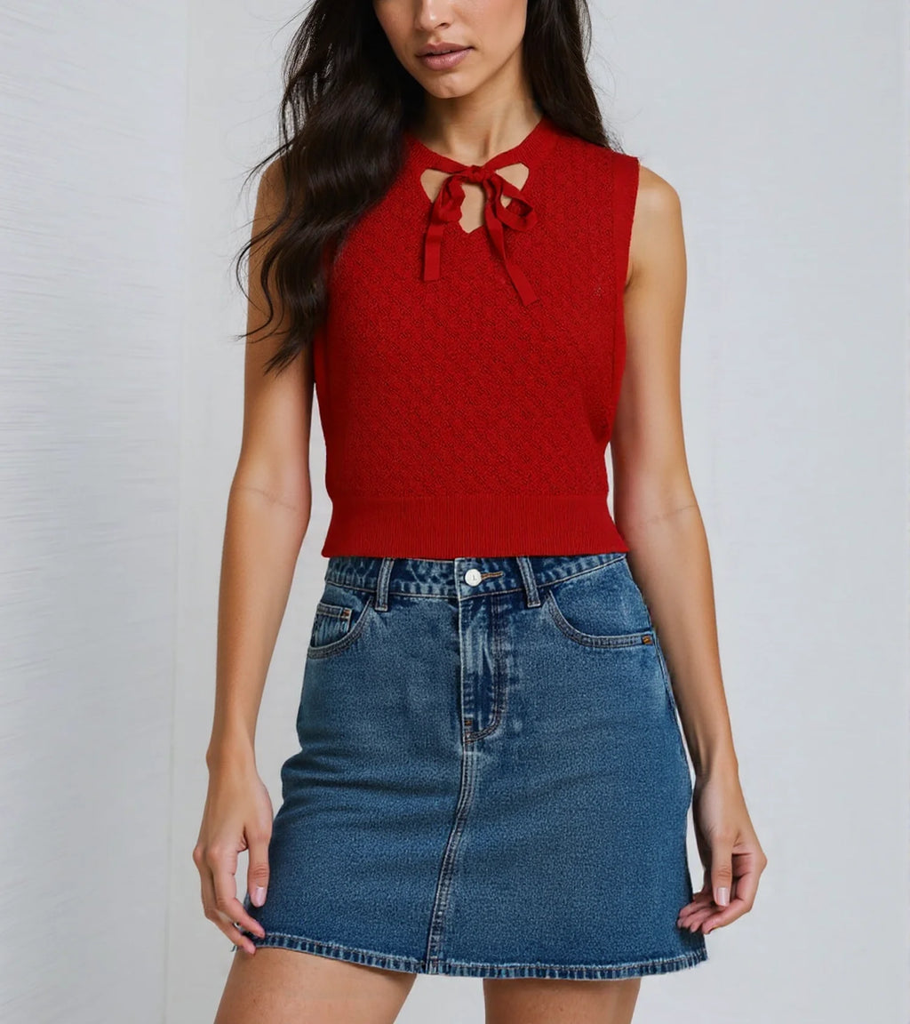 Strength Store Casual Crochet Fabric Crew Neck Long Length Thin Summer Knitted Vest Sweater