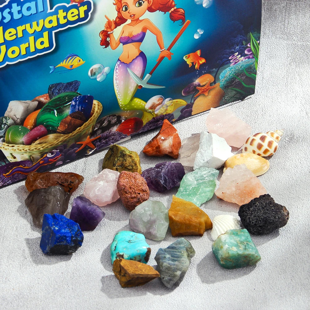 Crystal Underwater World 24 Pack Natural Stone  Raw Stone Shell Blind Box 24 Day Countdown Underwater World Calendar Gift Set