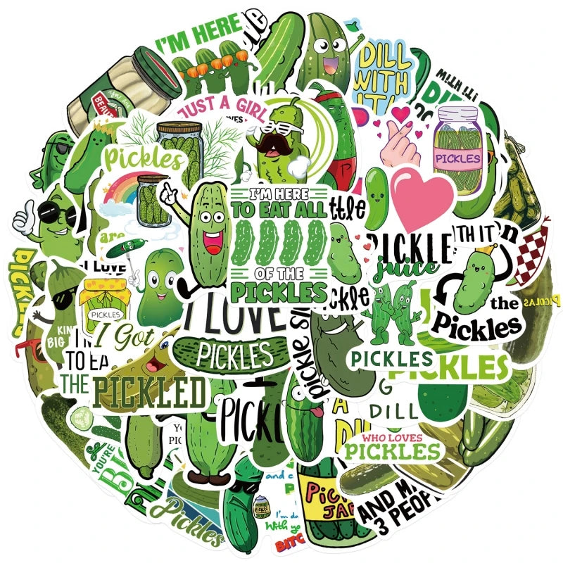 Cute Aesthetic Cartoon Green Pickle Stickers-50pcs UV Printed Waterproof Vinyl for Kids Journal Cool Trendy Pickle Cucumber