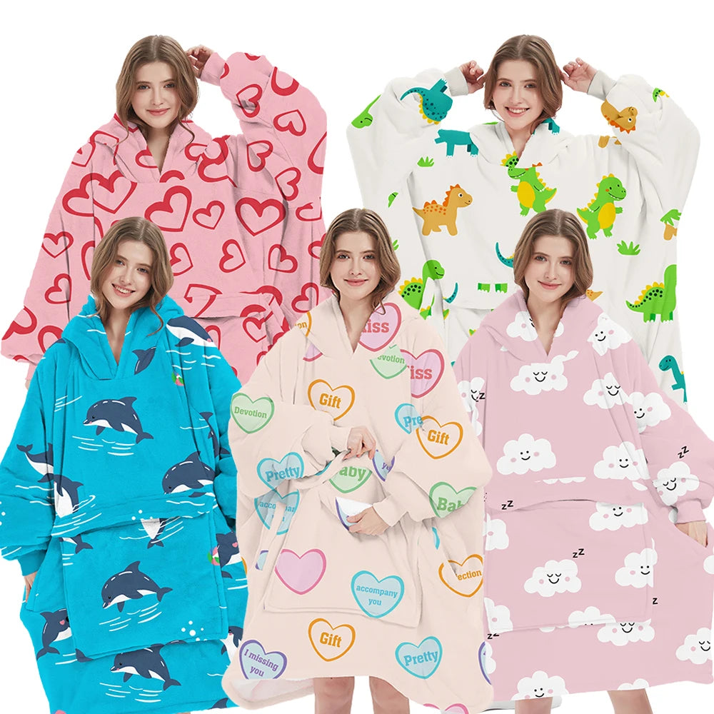 China Factory Wholesale Custom Warm Cozy Oversize Woven Flannel Sherpa Eco-Friendly Wearable Blanket Big Hooded Sweatshirt