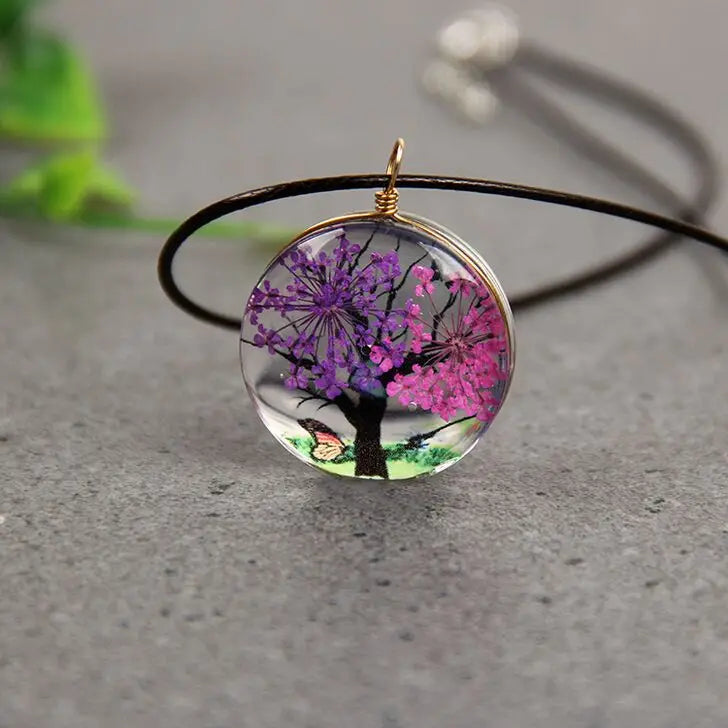 SC Creative Life Tree Jewelry Necklace Transparent Resin Glass Ball Real Dry Pressed Flower Necklace Pendant  Necklace for Women