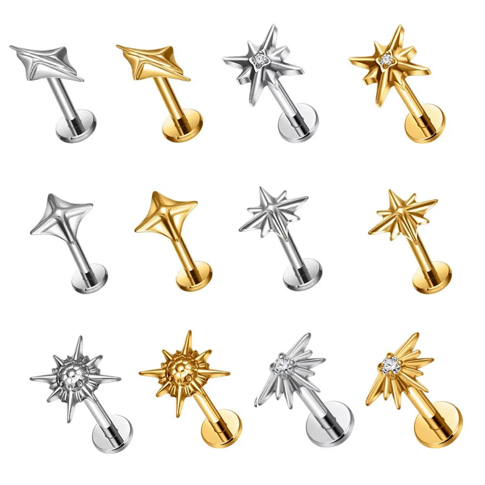 G23 Titanium Ear Cartilage Labret Ear Lip Studs 16G Star Light Helix Conch Tragus Daith Lobe Earrings Body Piercing Jewelry