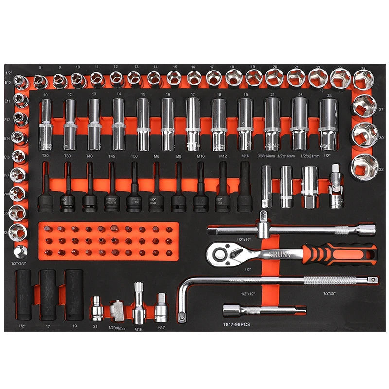 98pcs 1/2 Hexagonal Sleeve Conjoined With a Bit Spark Plug Sleeve Professional Bike Motorbike Car Tool Trolley Cabinet Tool Sets