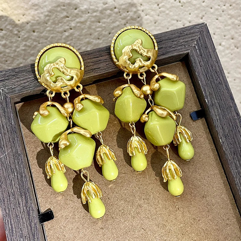 Statement Green Resin Geometric Drop Earrings Irregular Tassel Earrings Ladies Vintage Olive Green Resin Geometric Earrings