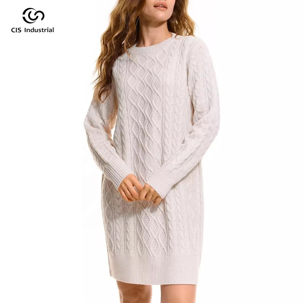 Knitwear Manufacturers Women Casual Dresses Loose O Neck Pullover Long Sleeve Twist Jacquard White Midi Dress for Girls