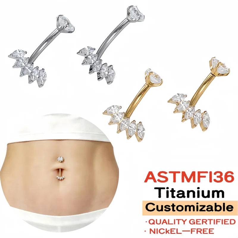 G23 Titanium Curved Barbell Belly Button Ring Internally Threaded Zircon Gold Plated Claw Setting Inlay for Weddings Engagements