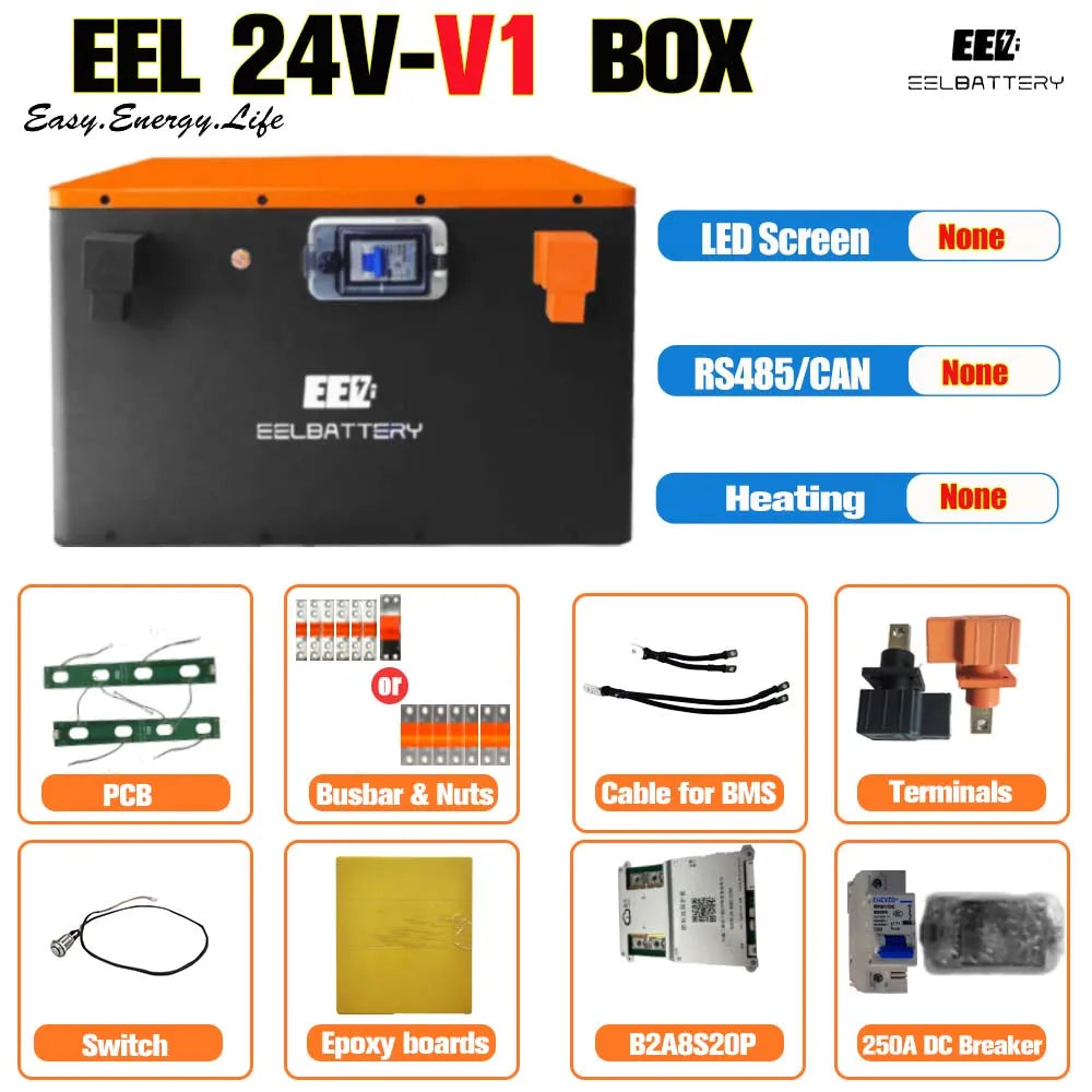 EU Stock DDP 24V 8S DIY Battery Box with JK 200A BMS and 2A Balancer for 280ah/304ah/306ah/314ah LiFePO4 Cells Use in Camping/RV
