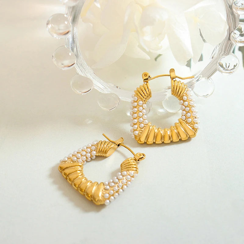 24mm*25mm Stainless Steel Carved Lines Square Chunky Hoop Earrings Simulated Pearl Earrings Women Vintage Romantic Jewelry 2023