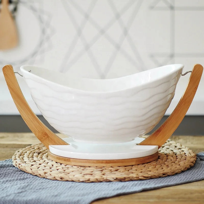 Nordic Creative Ceramic Fruit Basket Home Snack Storage Basket Hotel Salad Fruit Plate with Bamboo Stand Fruit Bowl