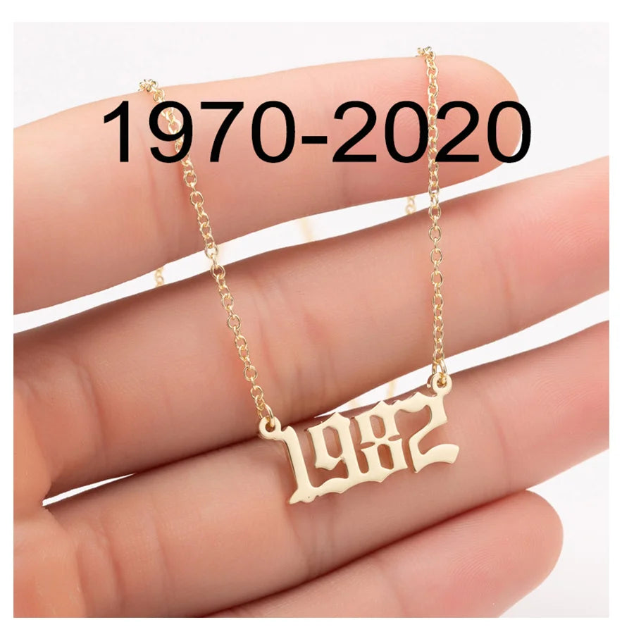 1980 to 2022 Stainless Steel 18K Gold Birth Year Necklace Personalized Old English Arabic Year Number Pendant Necklace