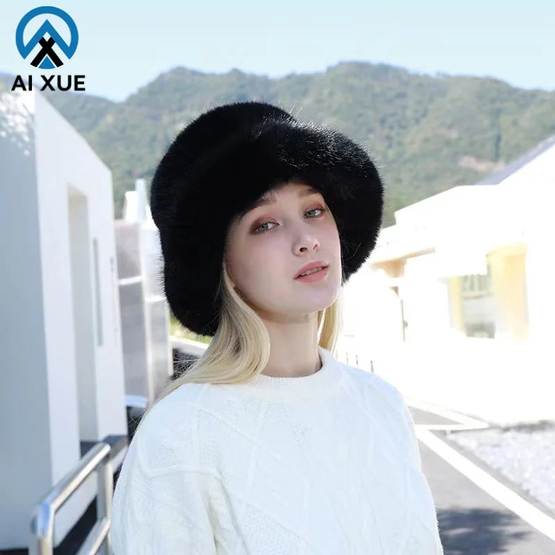 2026 New Design Winter Bucket Hats Soft Warm Fluffy Mink Fur Custom OEM Plush Caps for Women Unisex Daily Use Casual Letter