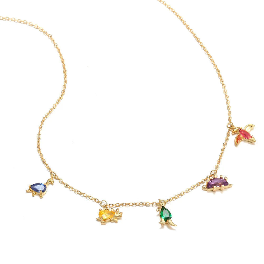 Shescity 18K Gold Small Dinosaur Pendant Necklace Tropical Forest Clavicle Chain with Colorful Zircon Animal Jewelry for Gifts