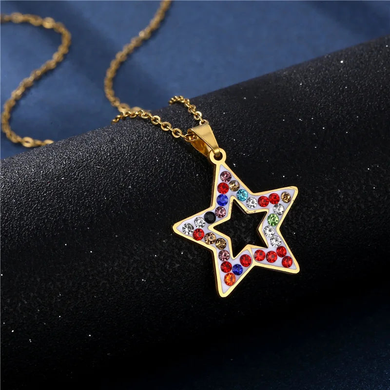 Summer Accessories New Star Pendant Women's Stainless Steel Colored Pottery Diamond Pentagram Necklace Accessories