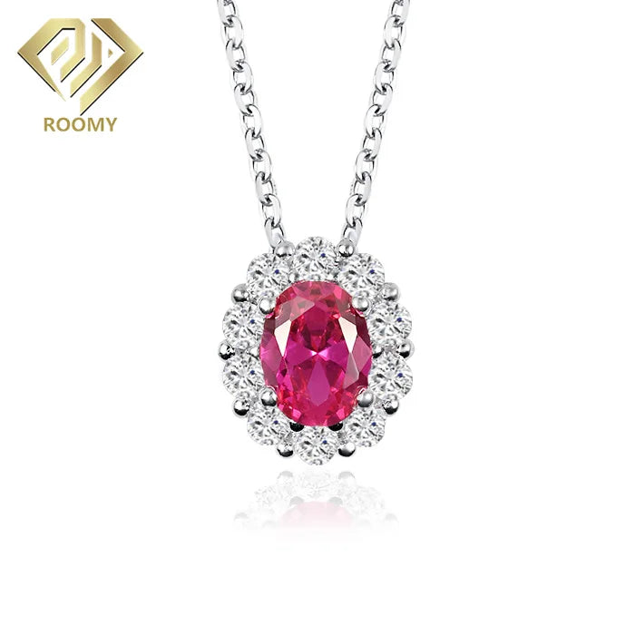 Classic Oval Cut Lab Grown Ruby Flower Shape 18K Gold Plated 925 Sterling Silver Pendant Necklace