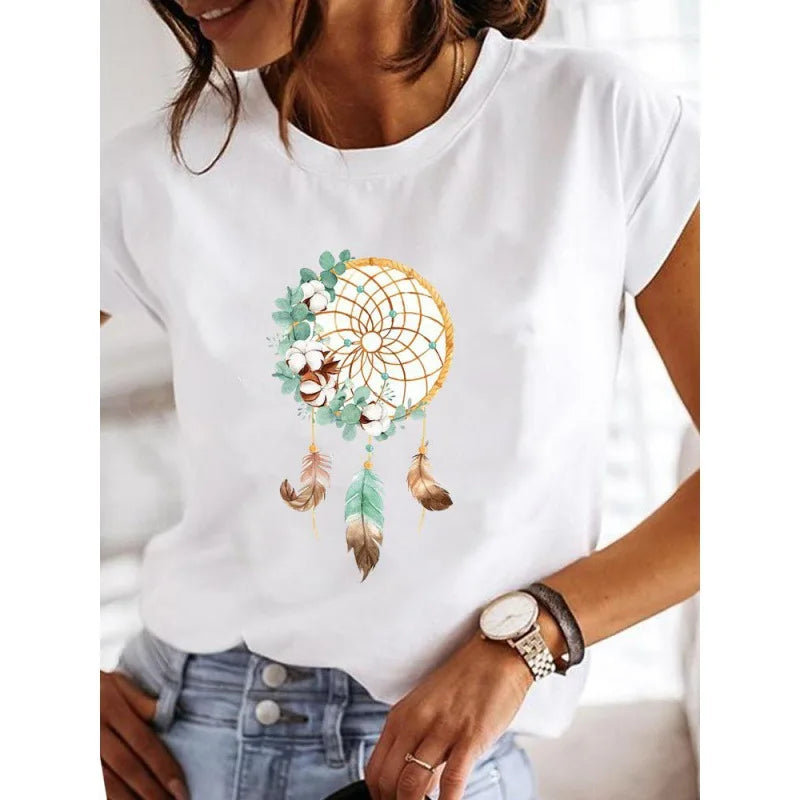 Custom Feather Patterns Short Sleeve Design Printing t Shirt for Girl Oversized O-neck Women Loose Fit Casual Tops Tee Shirt