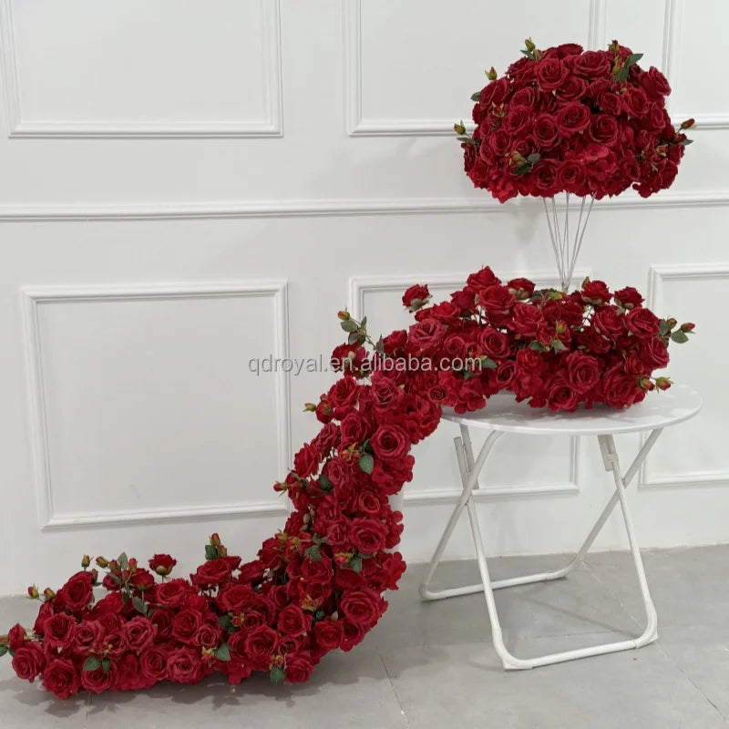 Romantic Style Artificial Silk Flower Ball Green Plants Red Roses Chrysanthemum for Wedding Thanksgiving Easter Realistic