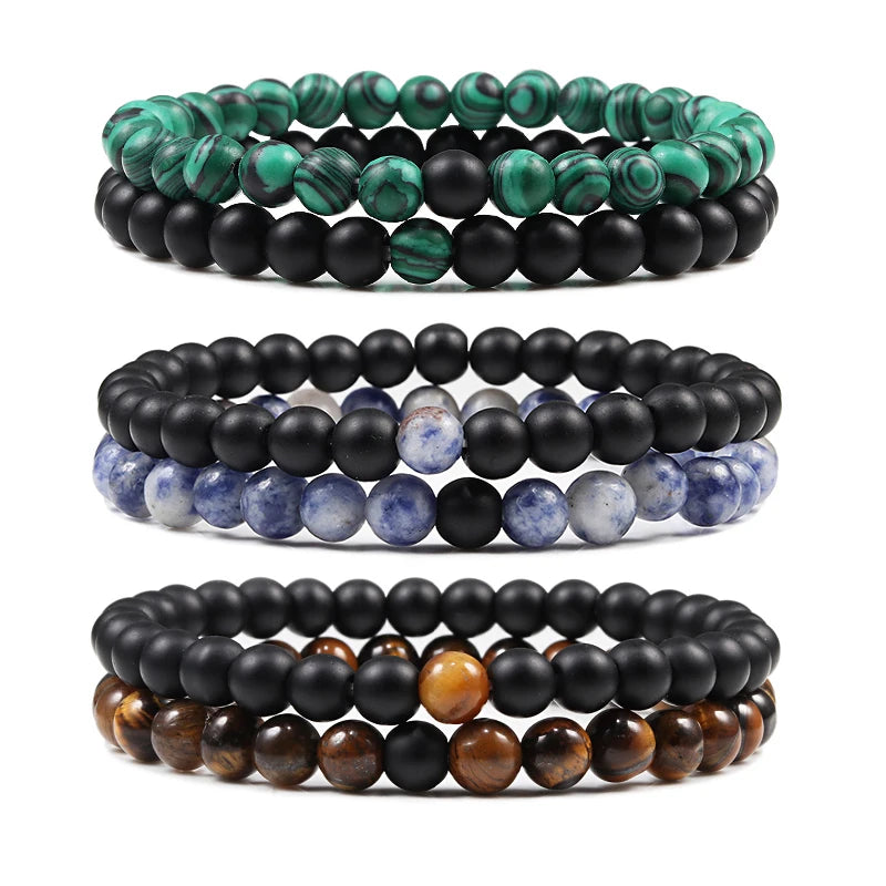 2pcs/set Couple Bracelet for Women Men Jewelry Lava Rock Onyx Blue Turquoise Stone Beaded Bracelet Couple Gift Sets