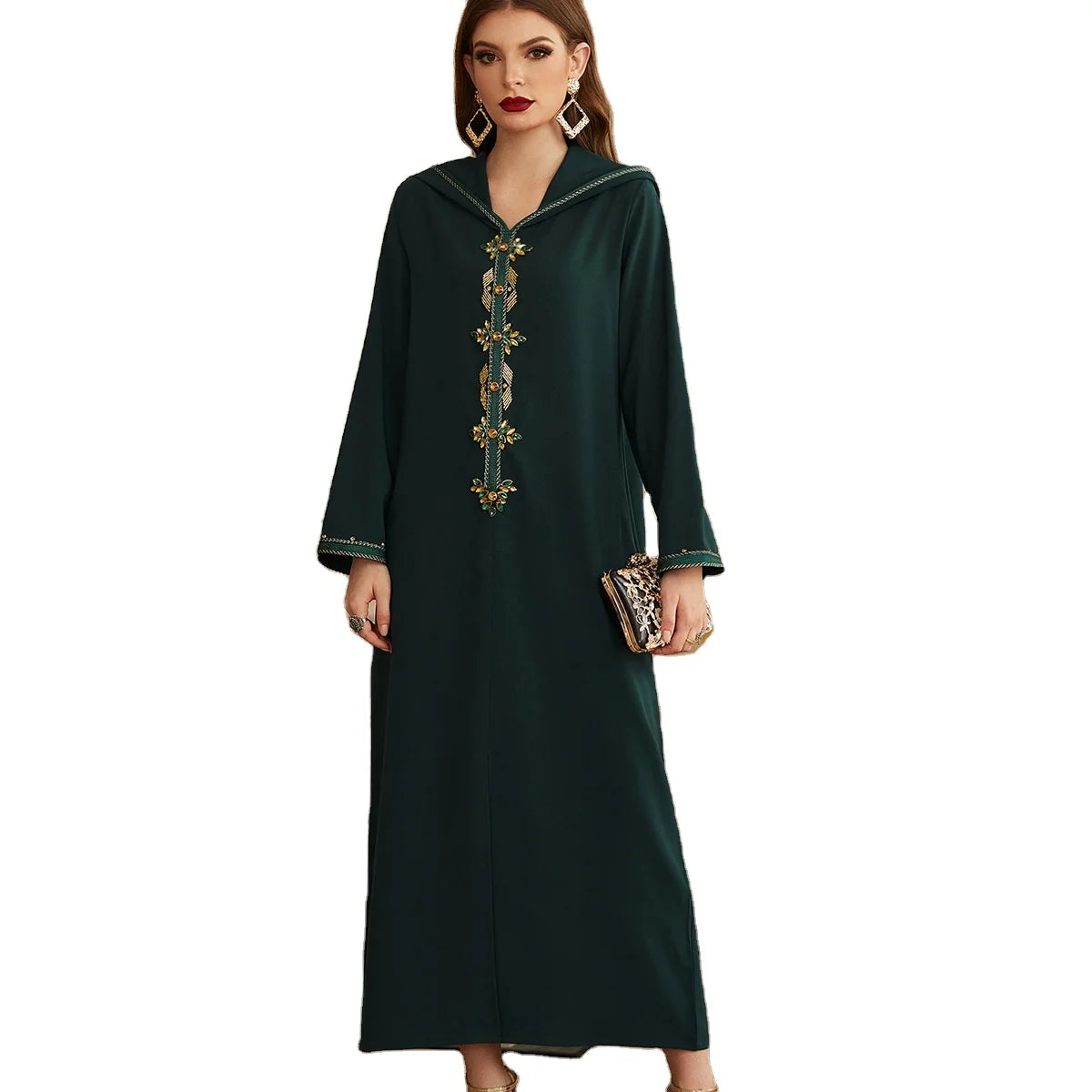 Plain Green Color Crystal Rhinestone Decoration Front Slit Button Closure Islamic Office Outing Muslim Hoodies Woman Abaya