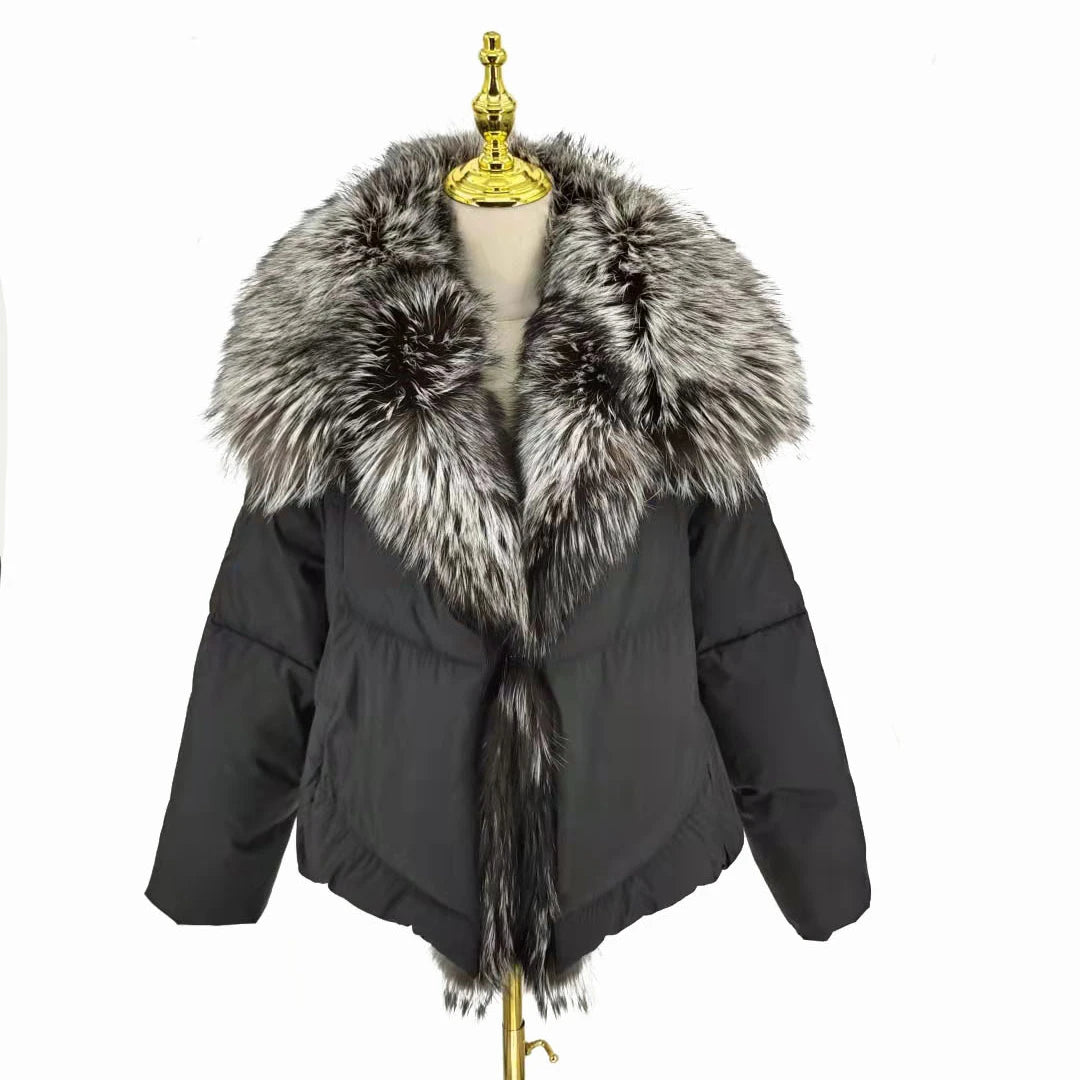 QIUCHEN QC21150 2021 New Luxury Fox Fur Waterproof Patchwork Woven Big Lapel Down Jacket Winter Women's Coat