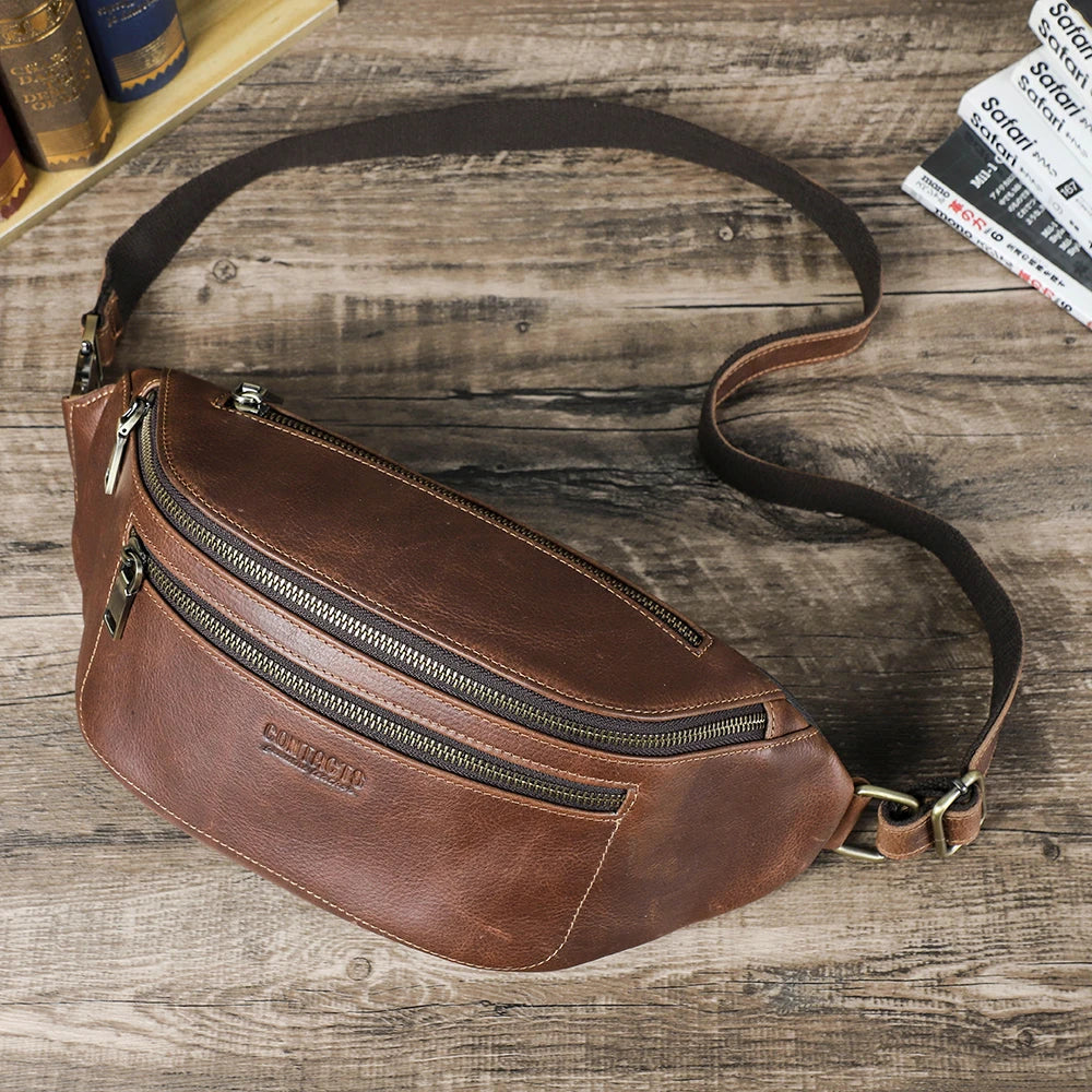 Contact's Metal Side Release Genuine Leather Fanny Pack for Men Crossbody Chest Waist Bag Luxury Bum Belt Belly Bag